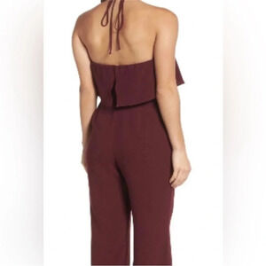 Charles Henry | Burgundy Wide Leg Ruffle Tie Up Halter Jumpsuit with Zipper Back